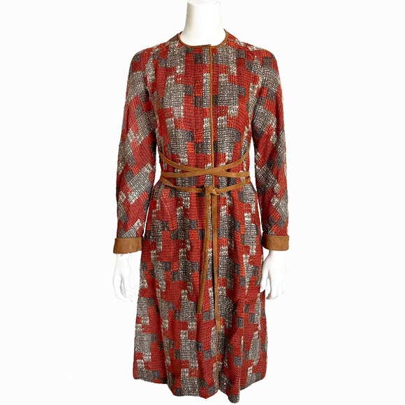 Bonnie Cashin for Sills Coat Abstract Tweed Knit Suede Trim Tie Wrap Waist 60s - Picture 1 of 10